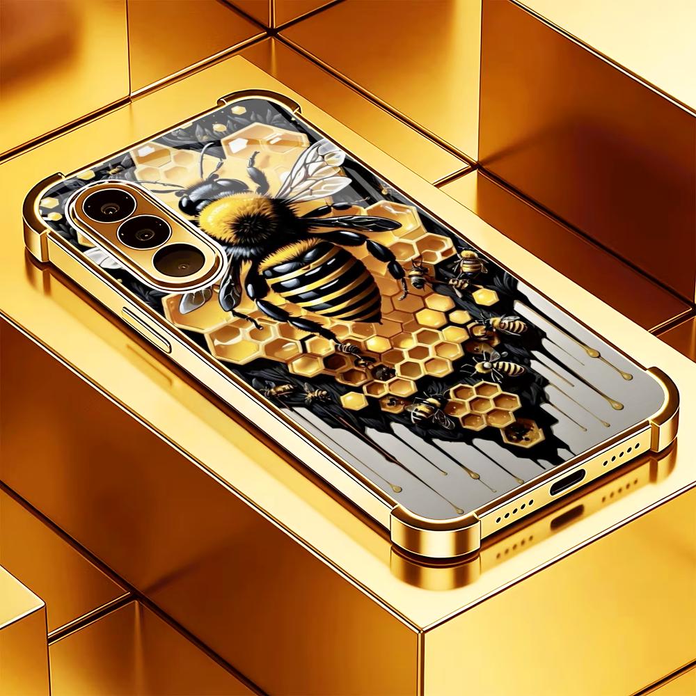 Phone Cases Metal - Golden Bee Honeycomb Tempered Glass Fashion